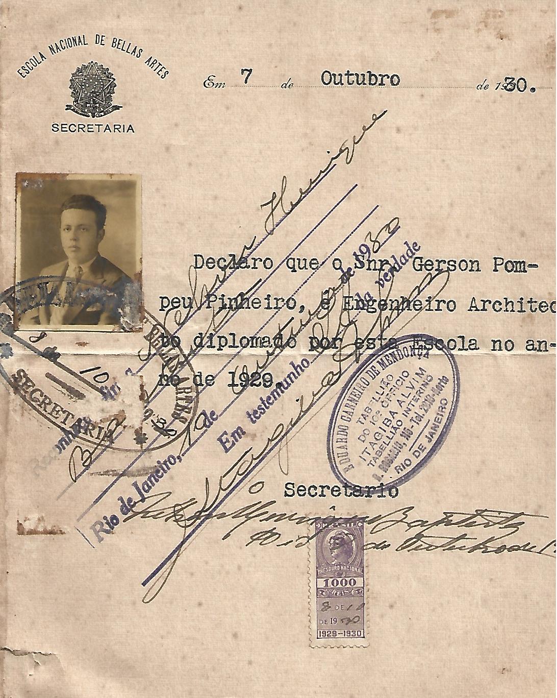 Diploma de Engenheiro Arquiteto de Gerson, 1929
